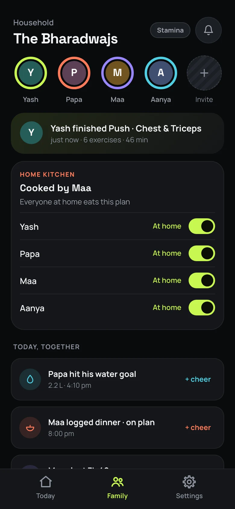 Slowly family feed with shared wins and buttons to cheer each other on