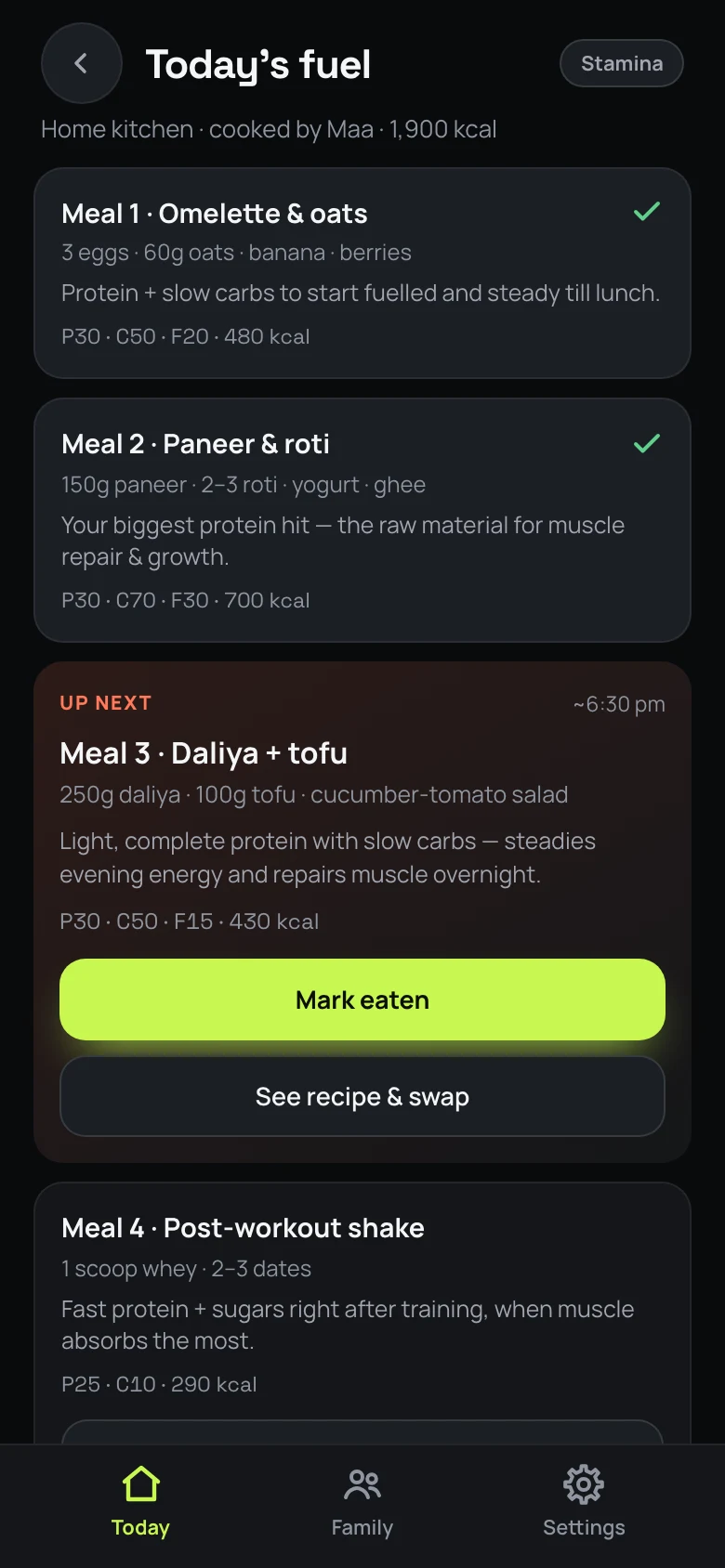 Slowly Fuel screen with a daily meal plan and nutrition targets