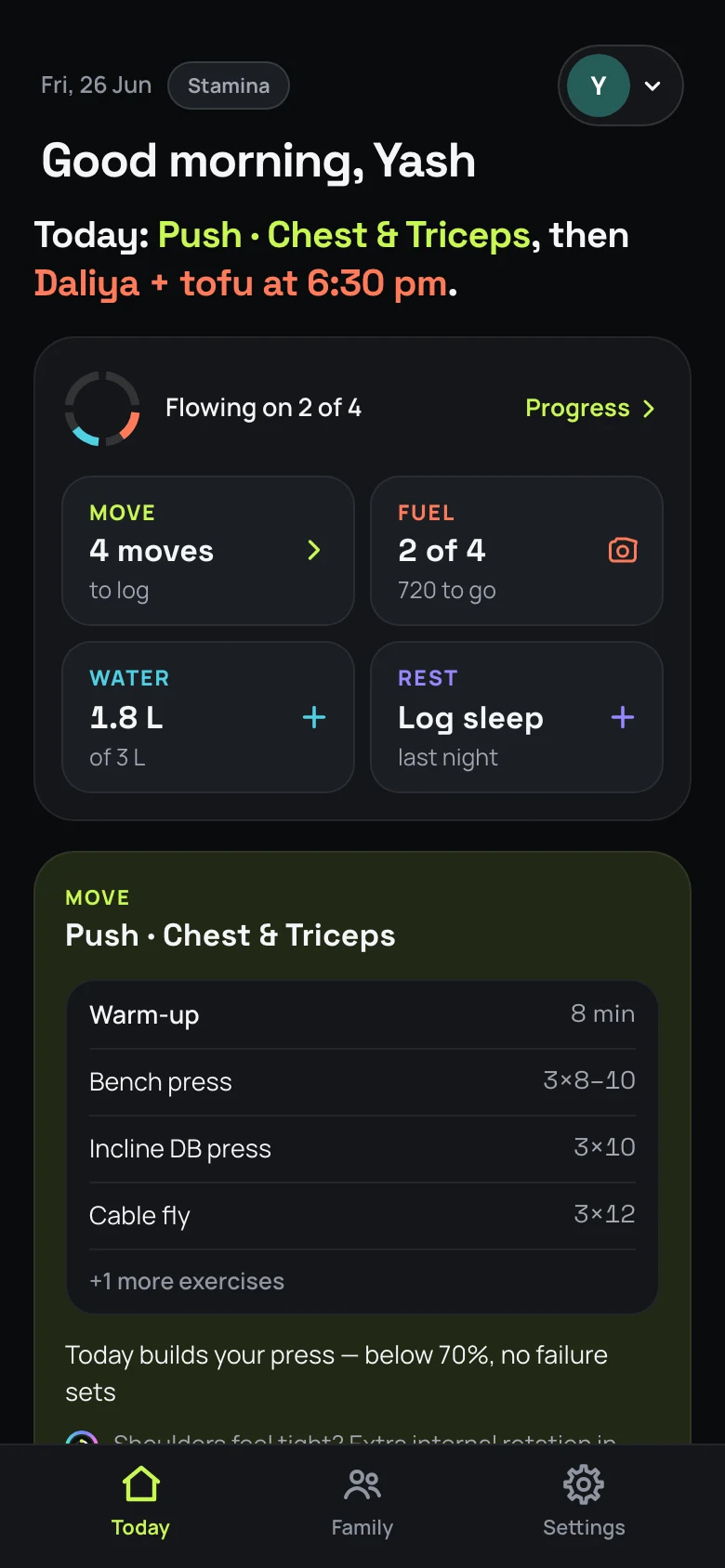 Slowly Today screen bringing movement, meals, water, and rest together